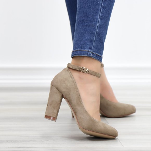 Taupe Ankle Strap Vintage Style Block Heels - Picture 3 of 14